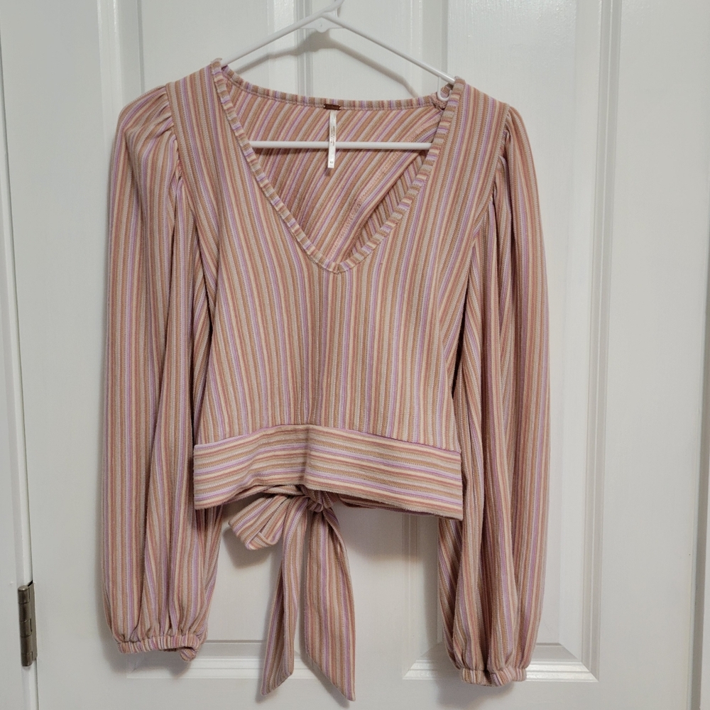 Free People Orchid Striped V-Neck Tie-Back Crop XS